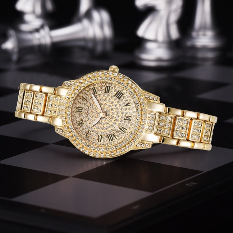 Full Diamond Roman Literal Steel Strap Quartz Watch, Color: Gold