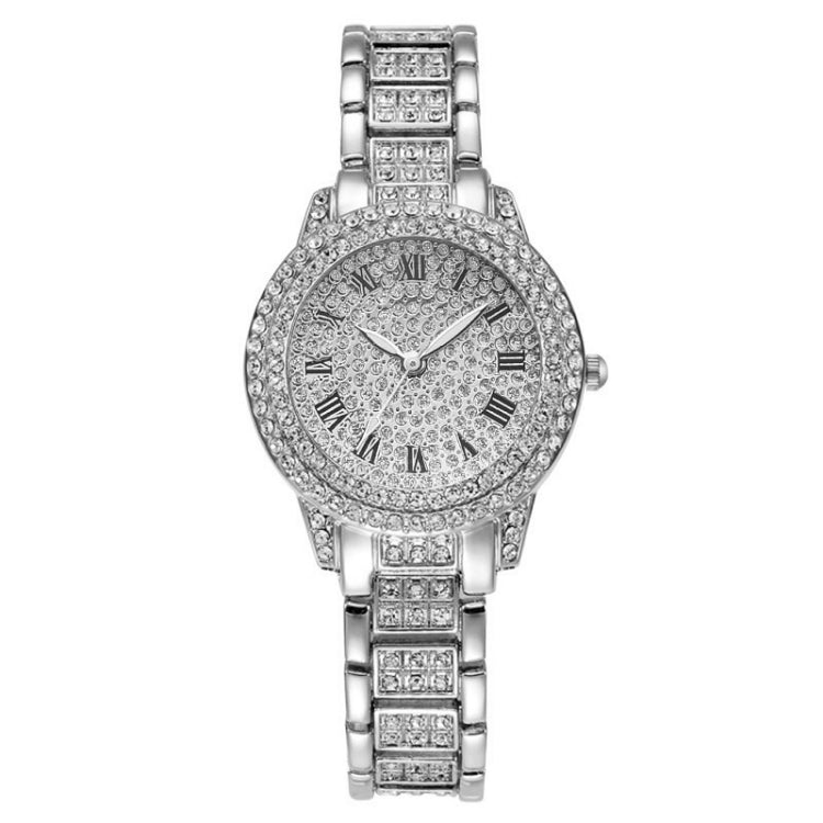 Full Diamond Roman Literal Steel Strap Quartz Watch, Color: Silver