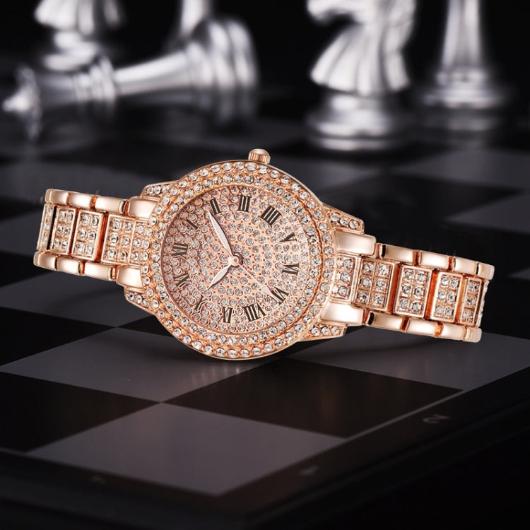 Full Diamond Roman Literal Steel Strap Quartz Watch, Color: Rose Gold+Bracelet
