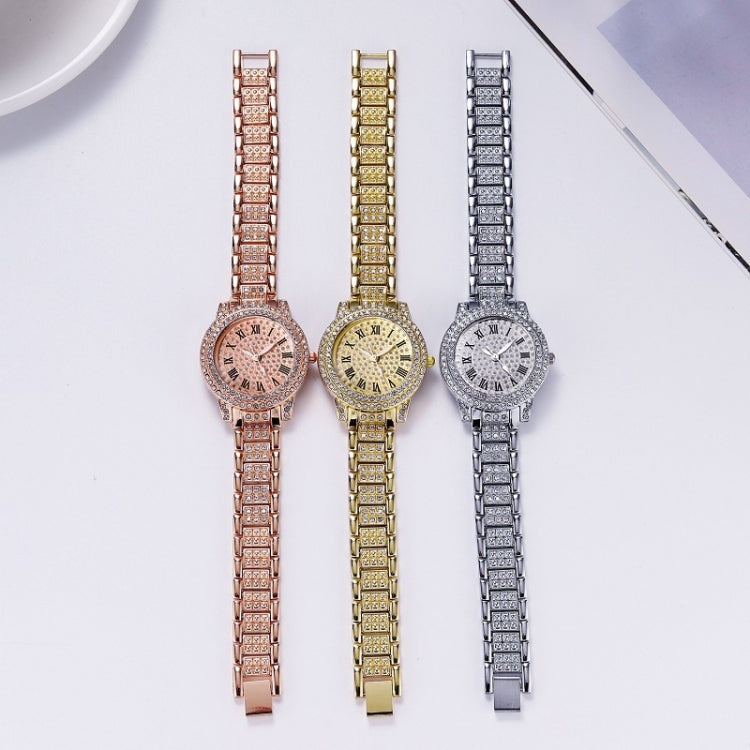 Full Diamond Roman Literal Steel Strap Quartz Watch, Color: Rose Gold+Bracelet