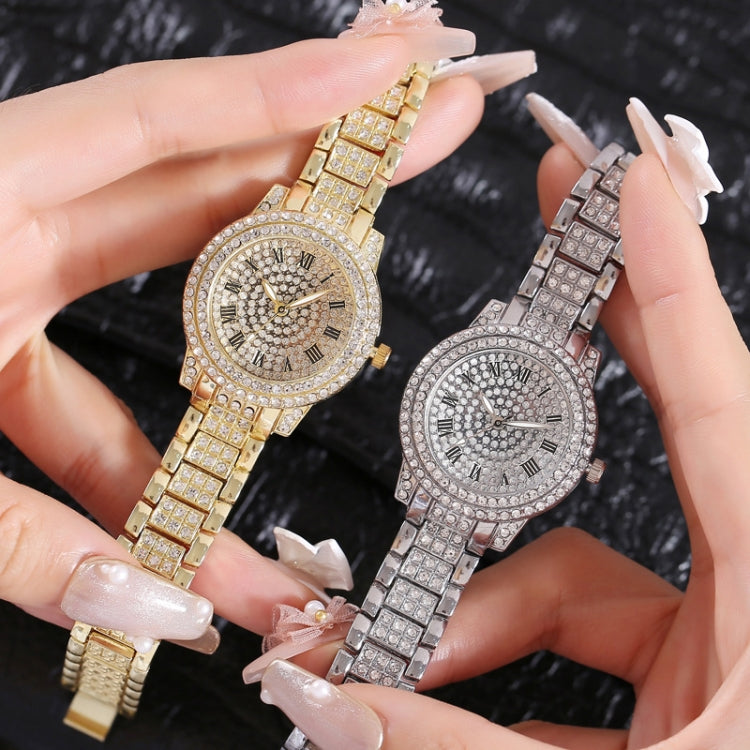 Full Diamond Roman Literal Steel Strap Quartz Watch, Color: Rose Gold+Bracelet