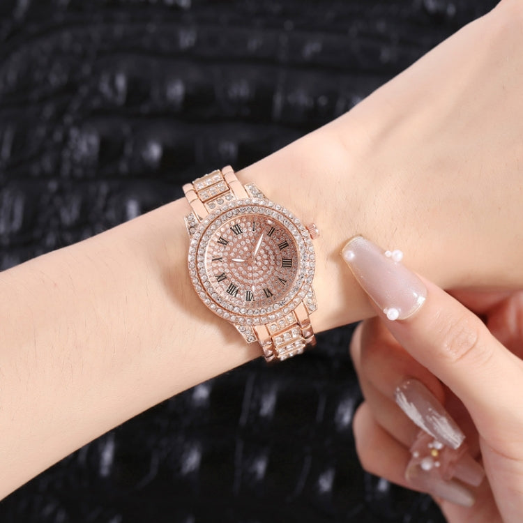 Full Diamond Roman Literal Steel Strap Quartz Watch, Color: Rose Gold+Bracelet