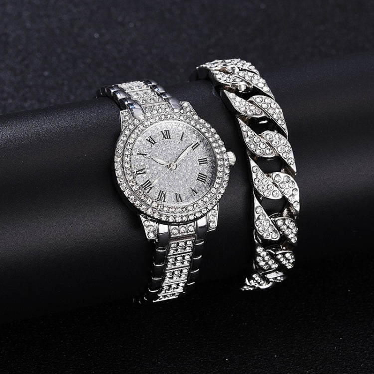 Full Diamond Roman Literal Steel Strap Quartz Watch, Color: Silver+Bracelet