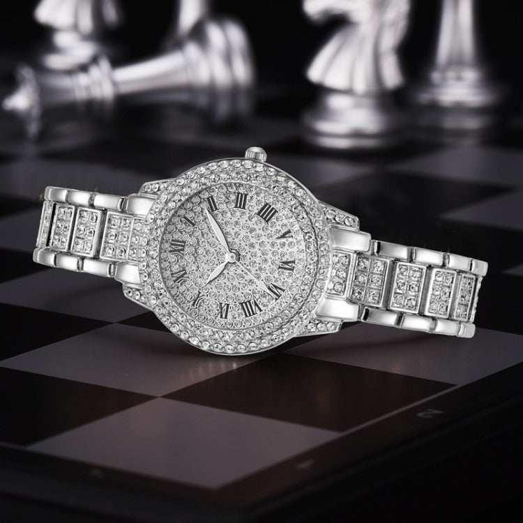 Full Diamond Roman Literal Steel Strap Quartz Watch, Color: Silver+Bracelet