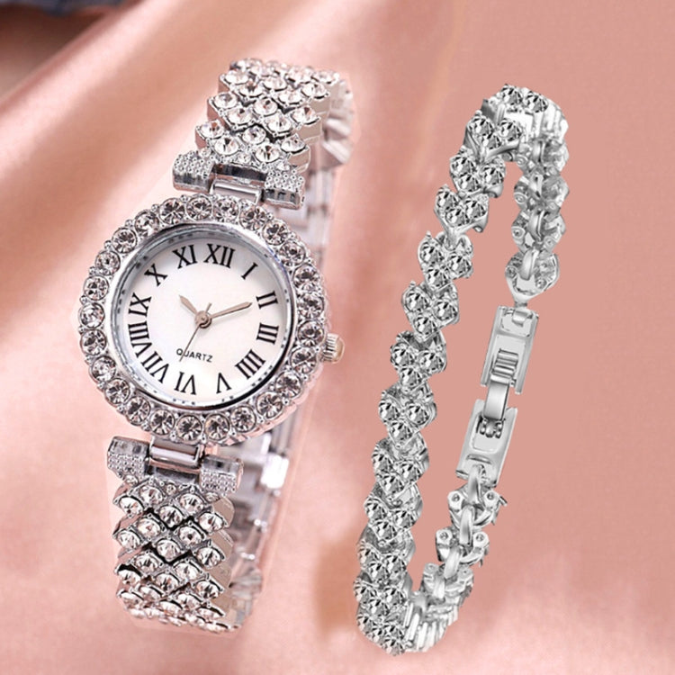 Roman Pattern Diamond Ladies Quartz Watch, Color: Silver+Bracelet