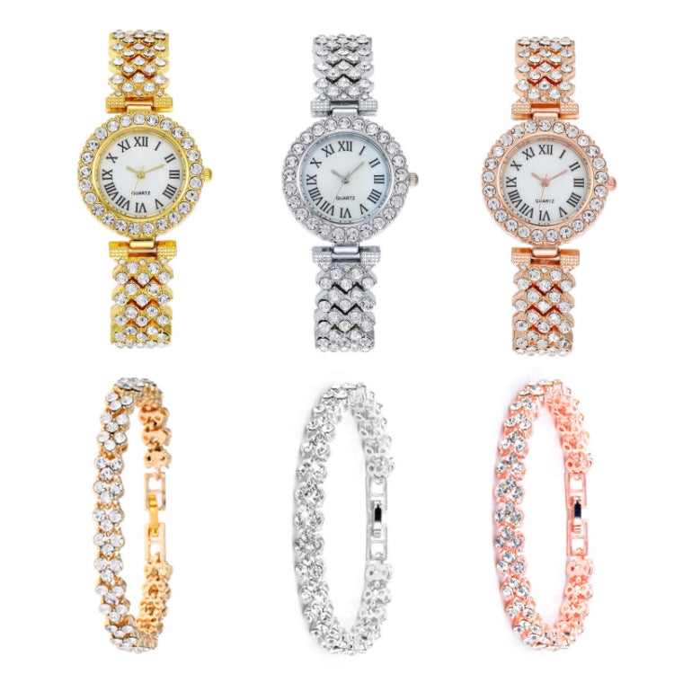 Roman Pattern Diamond Ladies Quartz Watch, Color: Silver+Bracelet