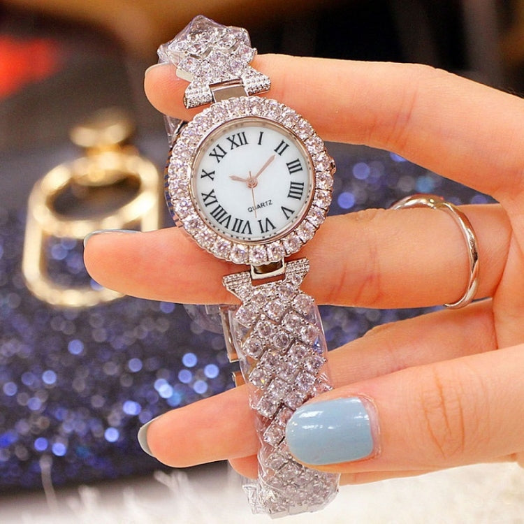 Roman Pattern Diamond Ladies Quartz Watch, Color: Silver+Bracelet