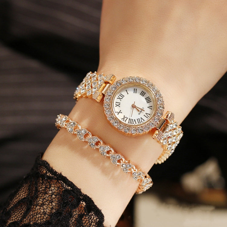 Roman Pattern Diamond Ladies Quartz Watch, Color: Silver+Bracelet