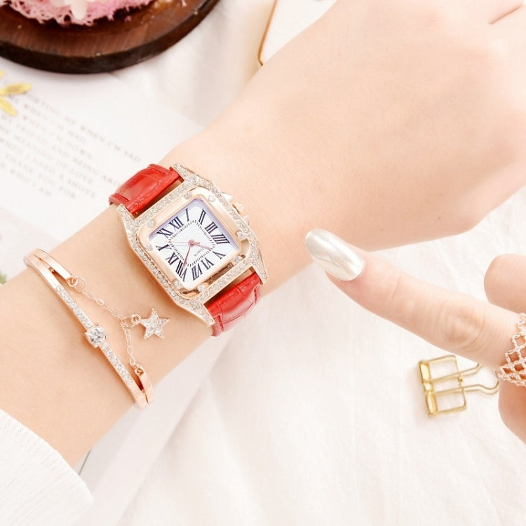 Women Tonneau Square Strap Quartz Watch, Color: Red+Bracelet