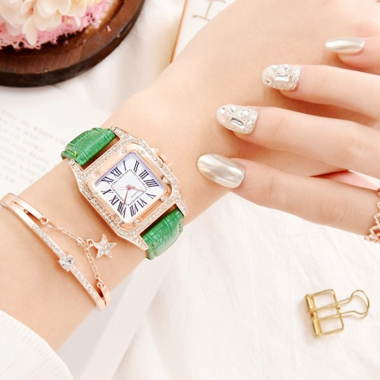 Women Tonneau Square Strap Quartz Watch, Color: Green+Bracelet