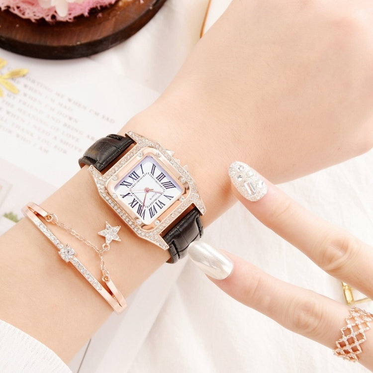 Women Tonneau Square Strap Quartz Watch, Color: Black+Bracelet