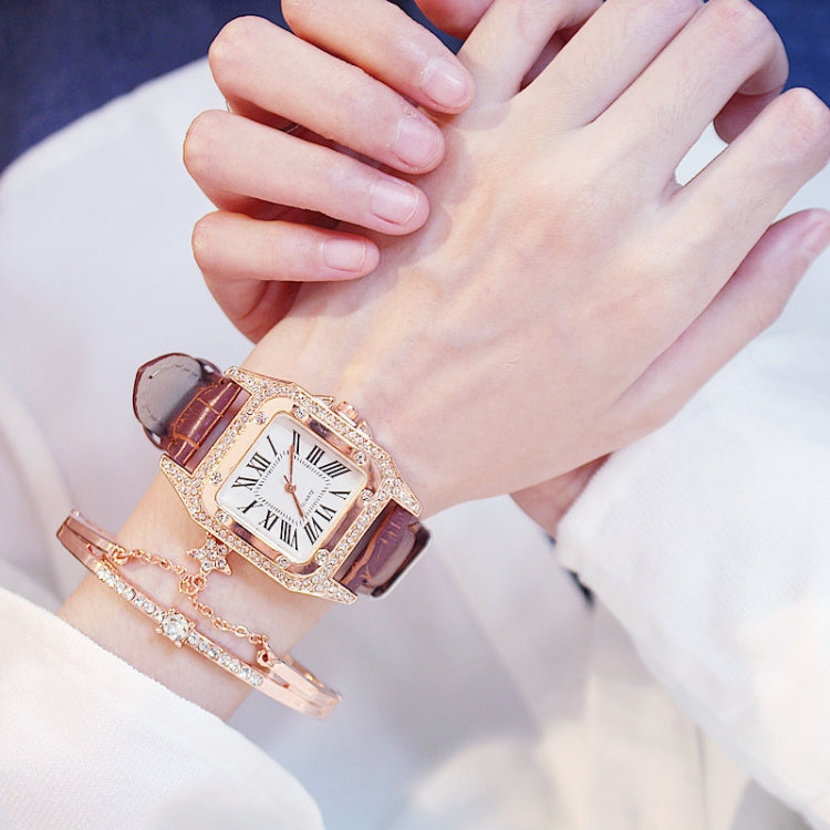 Women Tonneau Square Strap Quartz Watch, Color: Black+Bracelet
