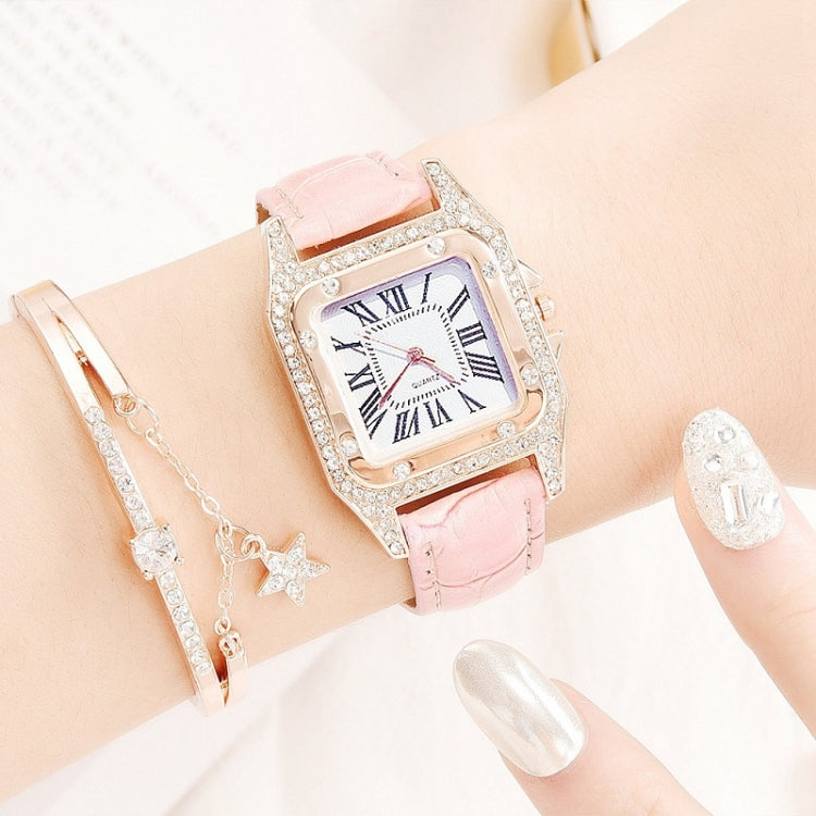 Women Tonneau Square Strap Quartz Watch, Color: Pink+Bracelet
