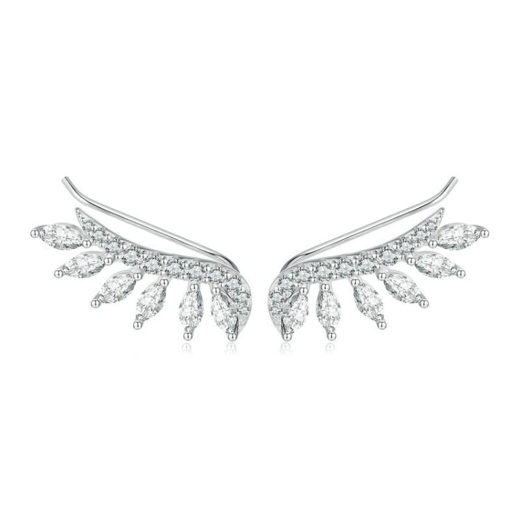 BSE780 Sterling Silver S925 Sparkling Platinum Zircon Wing Feather Long Stud Earrings