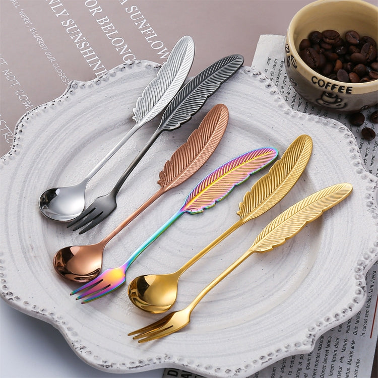 304 Stainless Steel Feather Spoon Fork Literary Tableware,Style: 3pcs Fork-True Color