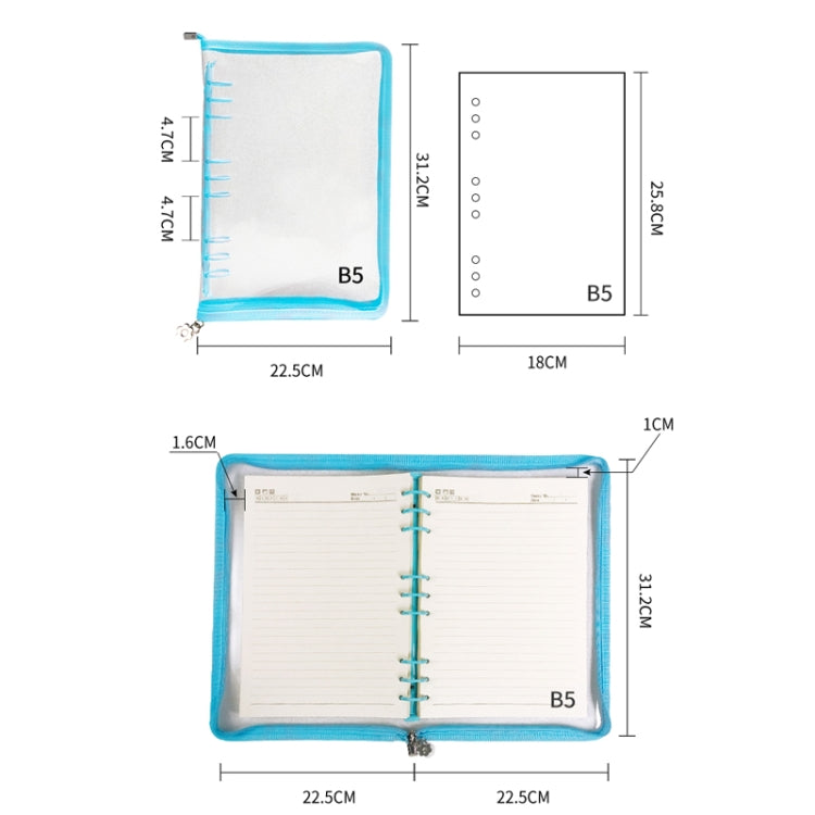 B5 9 Rings Loose-leaf Journal Clear PVC Cover Zipper Planner Notebook Without Inner Pages