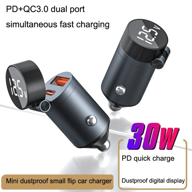GC-21 2 In 1 30W Super Fast Charging PD+QC3.0 Vehicle Charger Flip With Digital Display(Dark Blue Black)