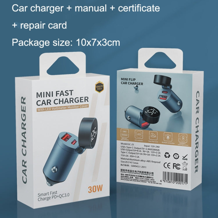 GC-21 2 In 1 30W Super Fast Charging PD+QC3.0 Vehicle Charger Flip With Digital Display(Dark Blue Black)