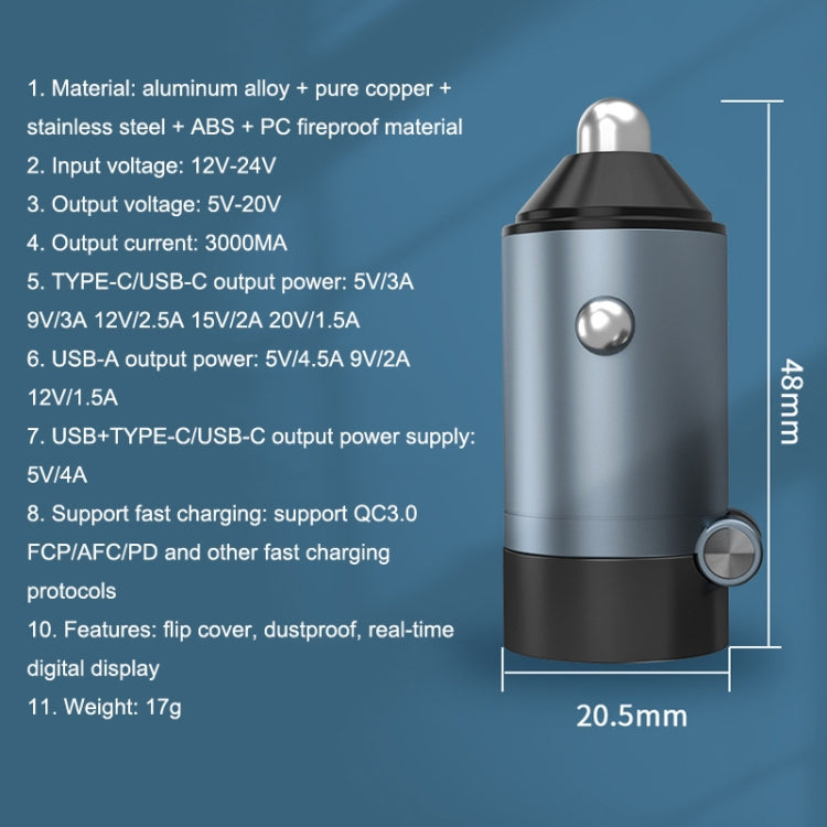 GC-21 2 In 1 30W Super Fast Charging PD+QC3.0 Vehicle Charger Flip With Digital Display(Dark Blue Black)