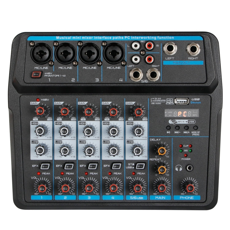 U6 6 Channels Bluetooth With Sound Card Mixer Computer Home Band Recording Performance Stage USB Small Mixer(Black)