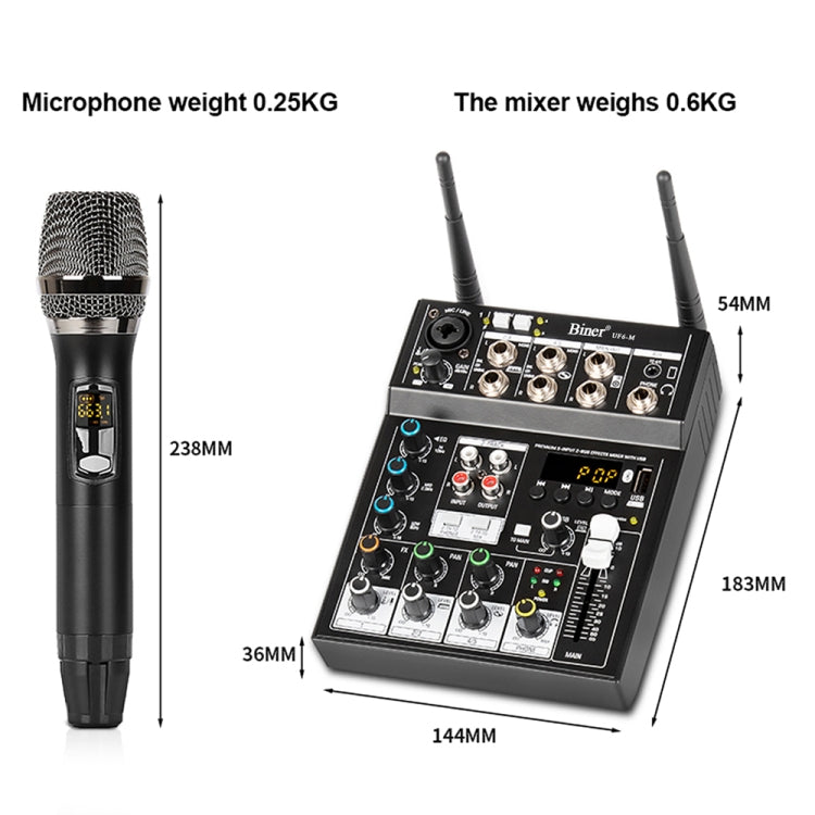 UF6-M 4 Way Mixer With Wireless Microphone Recording Small Live USB Bluetooth Reverberation Microphone(Black)