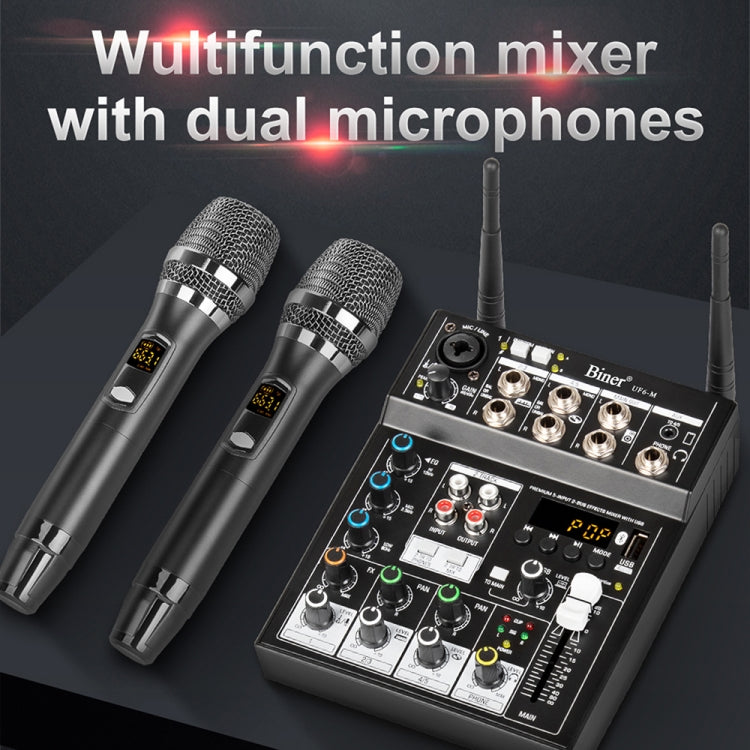 UF6-M 4 Way Mixer With Wireless Microphone Recording Small Live USB Bluetooth Reverberation Microphone(Black)