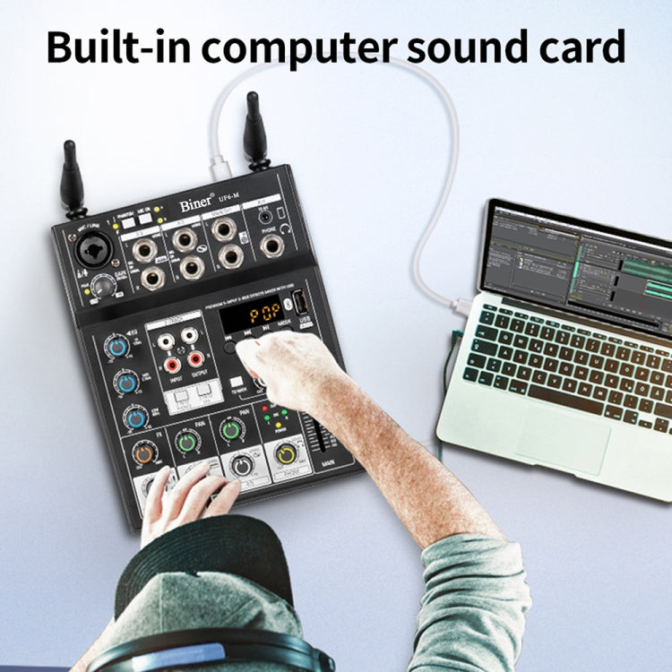 UF6-M 4 Way Mixer With Wireless Microphone Recording Small Live USB Bluetooth Reverberation Microphone(Black)