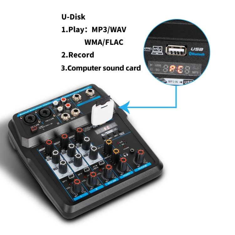 U4 Home Band Phone Recording Live USB 4 Channels With Sound Card Bluetooth Mixer(Black)