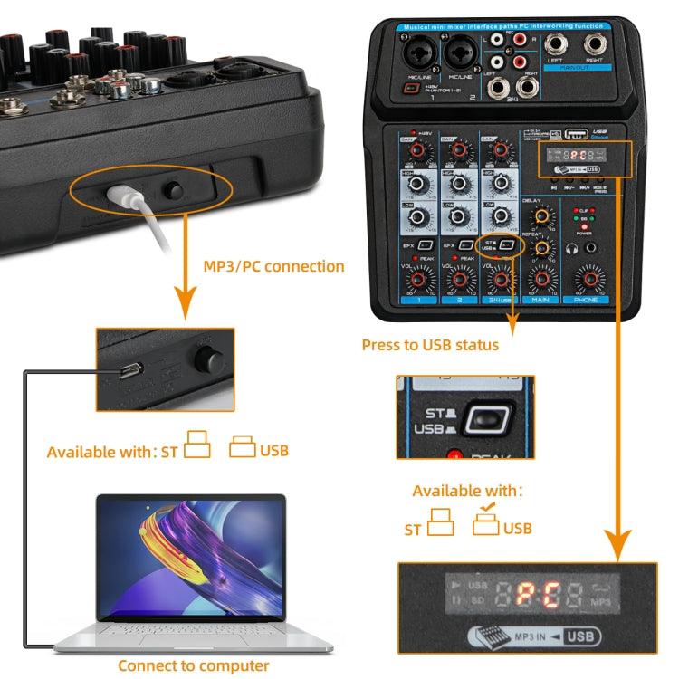 U4 Home Band Phone Recording Live USB 4 Channels With Sound Card Bluetooth Mixer(Black)