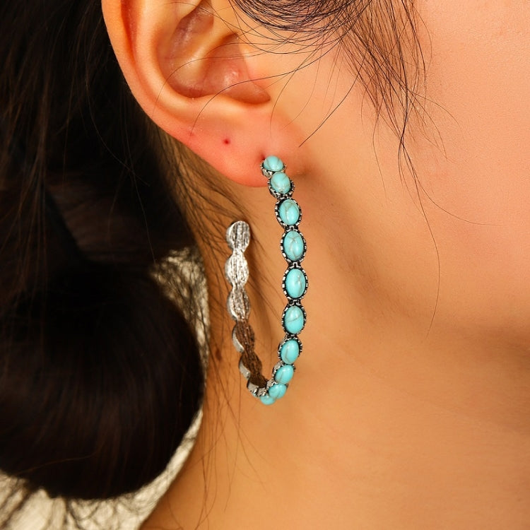 2 pairs Geometric Large Circle Set Turquoise Earrings Retro C-shaped Hoop Earrings