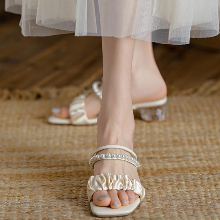 Silk Mesh Pearl Outerwear Crystal Mid-heel Sandals Sippers, Size: 3
