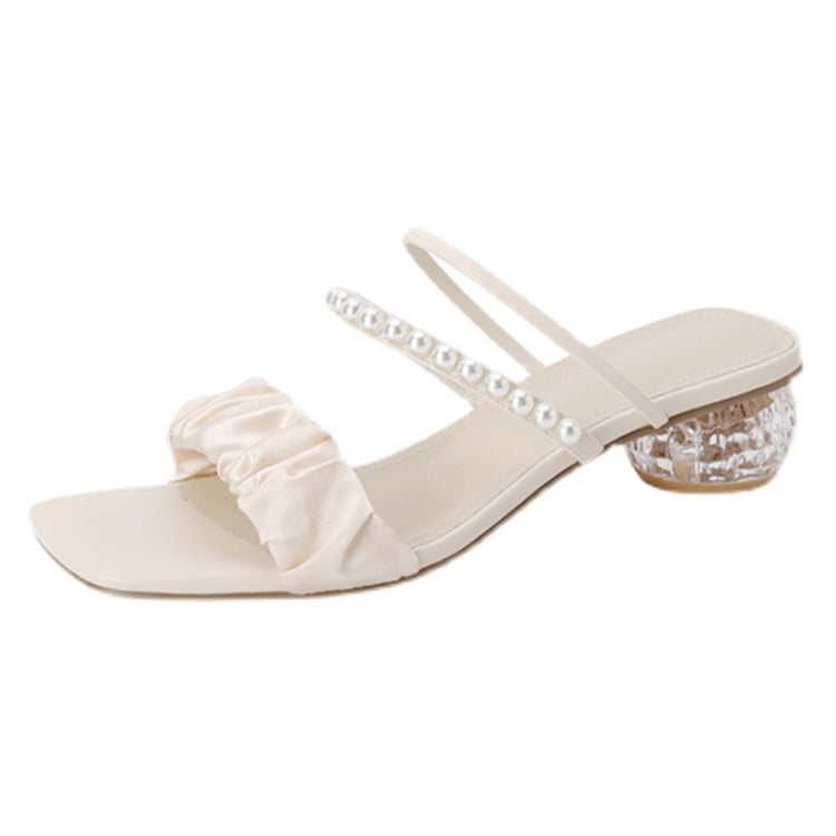 Silk Mesh Pearl Outerwear Crystal Mid-heel Sandals Sippers, Size: 3