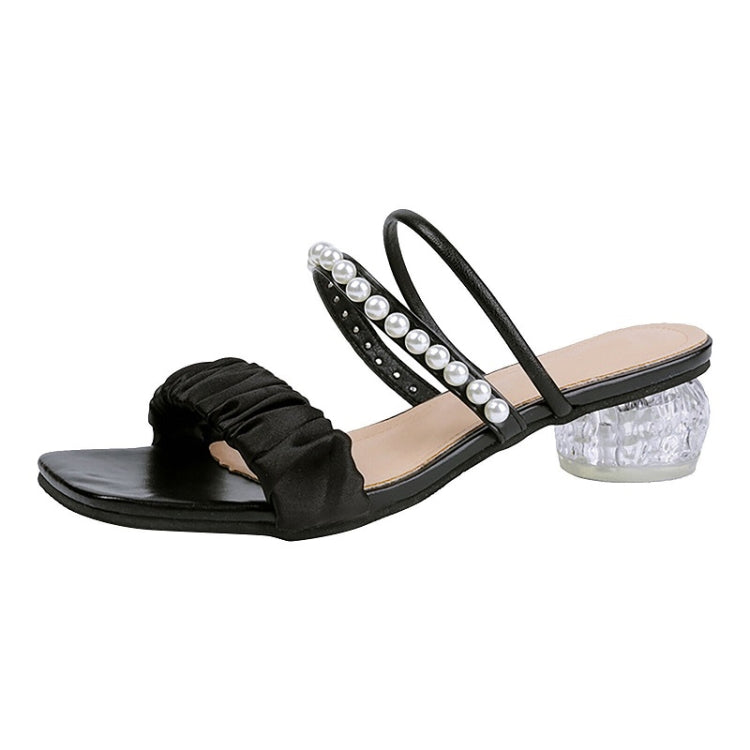 Silk Mesh Pearl Outerwear Crystal Mid-heel Sandals Sippers, Size: 3