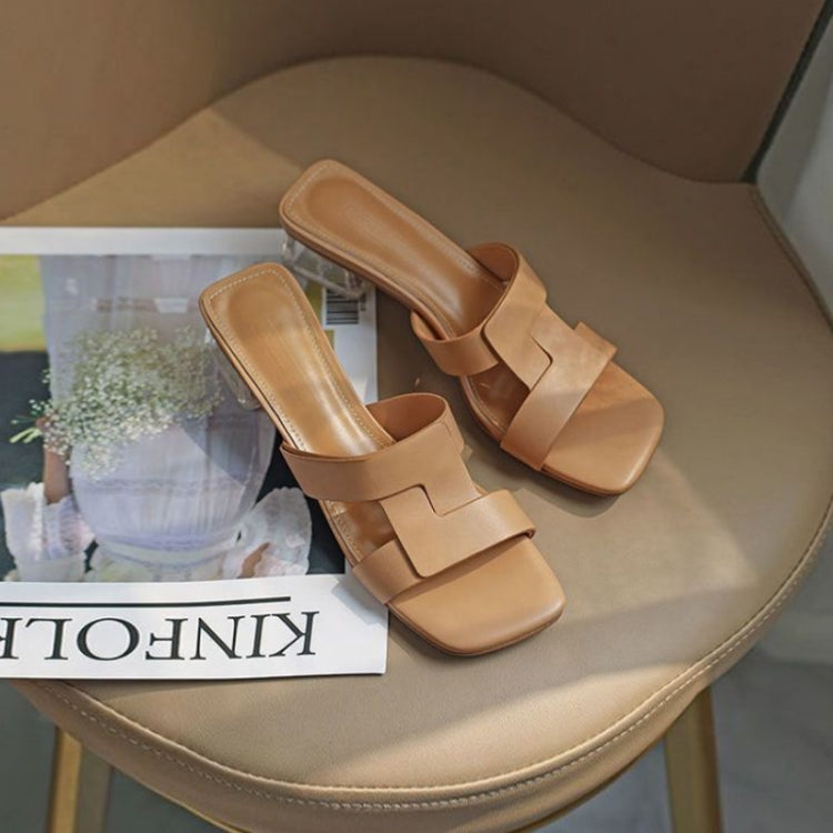 Outerwear Retro Soft Leather Chunky Heel Square Toe Open-toed Sandals, Size:
