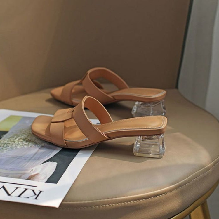 Outerwear Retro Soft Leather Chunky Heel Square Toe Open-toed Sandals, Size: