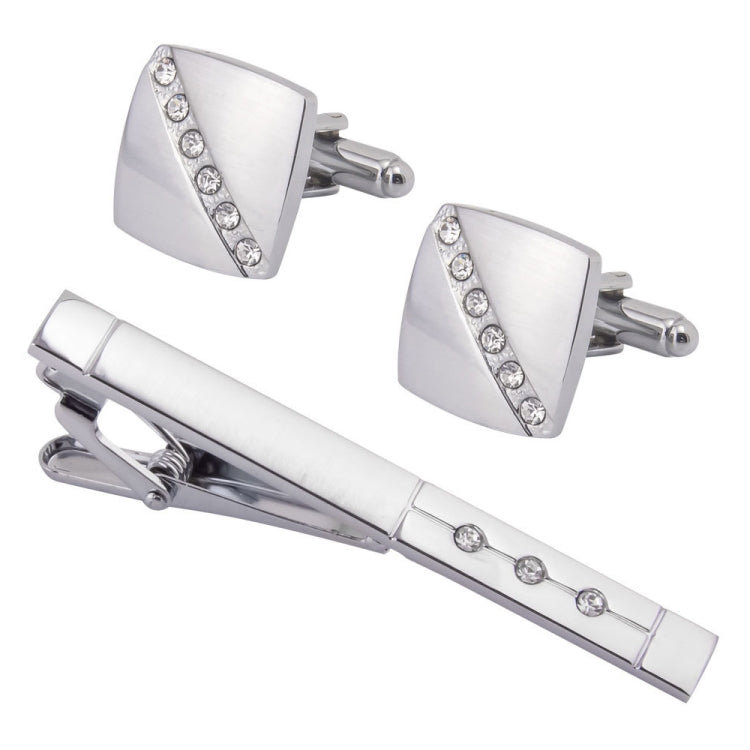 2 pairs Plain Diamond Shiny Brushed Cufflinks Tie Clip Set(Silver)