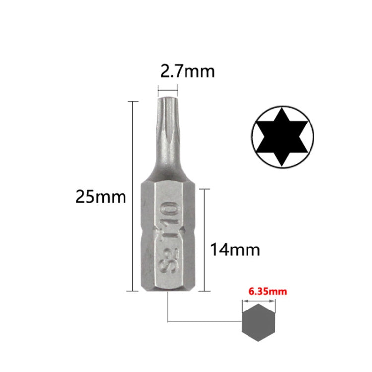 10pcs Electric Screwdriver Short Batch Head Strong Magnetic Driver Head, Series: Without Hole Torx T10