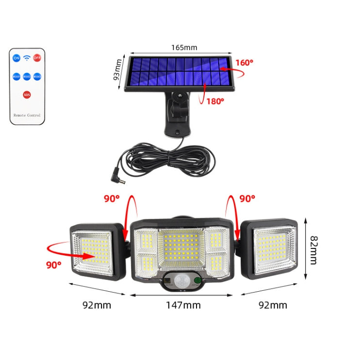 Remote Control Solar Wall Light LED Triple Rotation Sensor Flood Light, Specification: 192LED Split