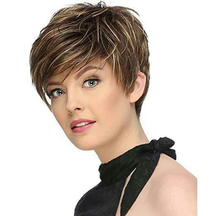 WIG-305 Female High Temperature Silk Wig Oblique Bangs Short Hair Chemical FiberHeadgear(Brown+Light Gold)