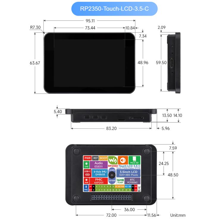 Waveshare RP2350 Dual-Core Development Board With 3.5-Inch 320x480 LCD, 65K Color Display With Case and OV5640 camera