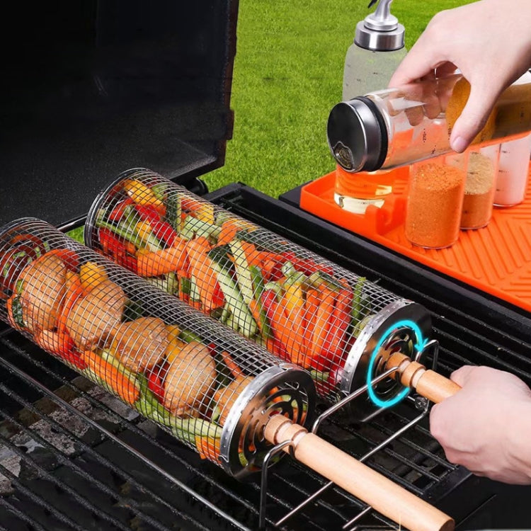 Upgrade Flip-top Lid BBQ Cage Stainless Steel Rolling Grilling Basket With Wooden Handle Small+Large