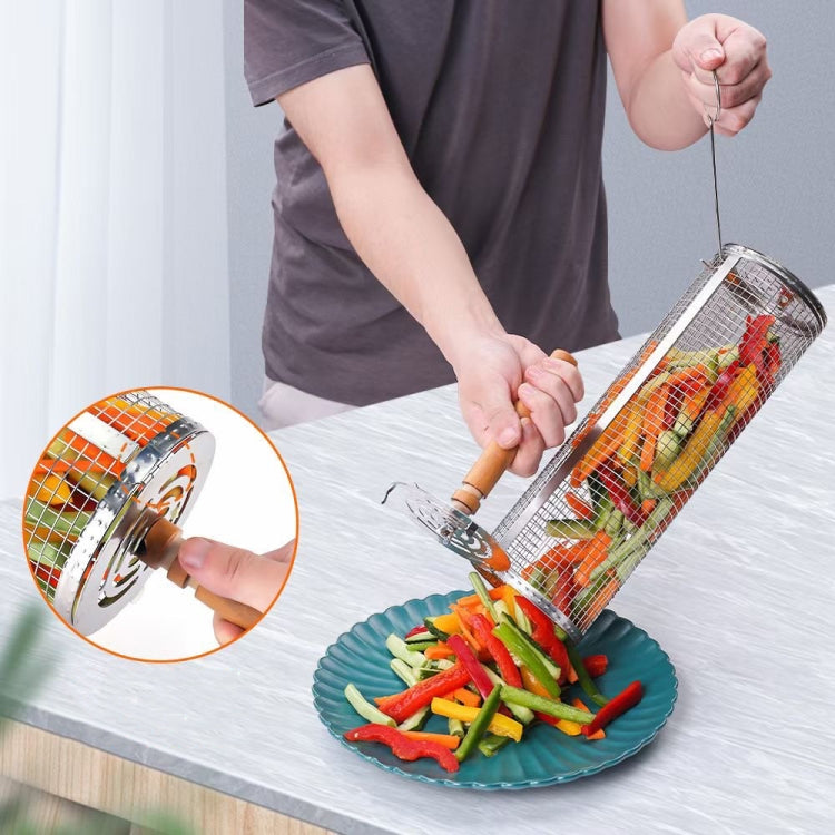 Upgrade Flip-top Lid BBQ Cage Stainless Steel Rolling Grilling Basket With Wooden Handle Small+Large