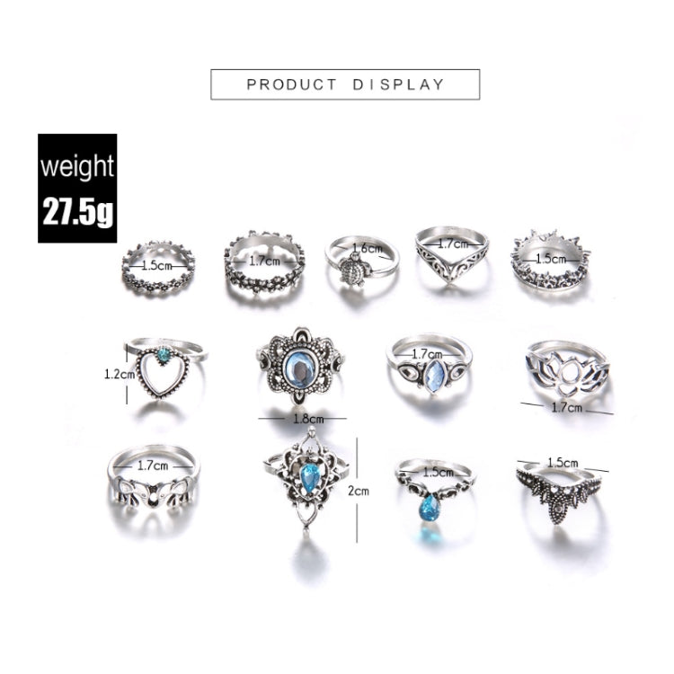 13pcs/set Vintage Diamond Engraved Crown Star Gemstone Ring(Silver SKU0737)