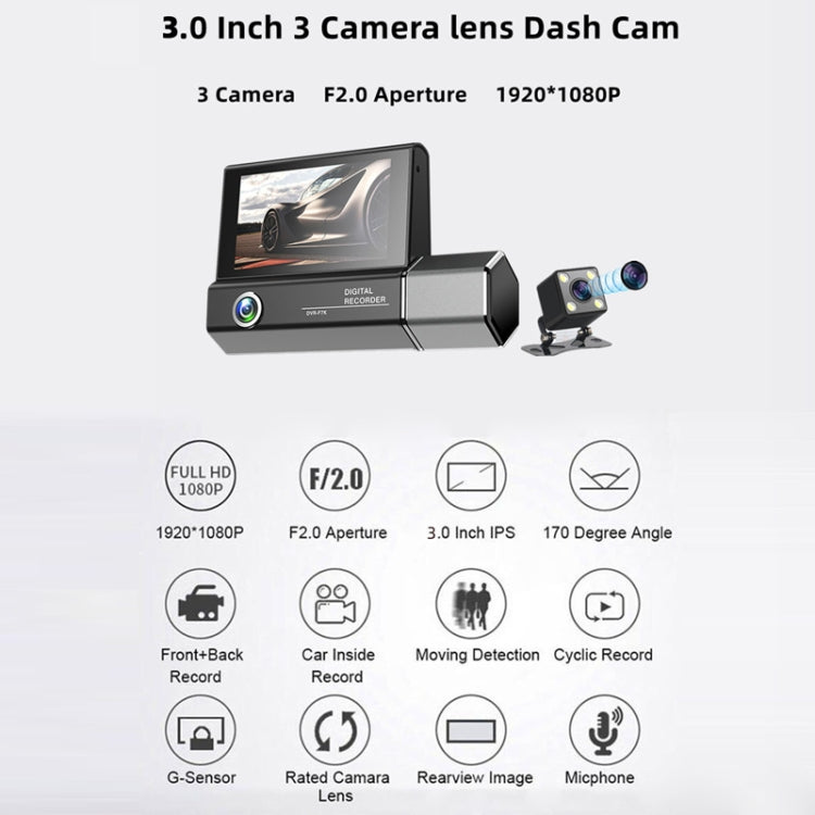 3 Lens Video HD 1080P Multi-Language Driving Recorder