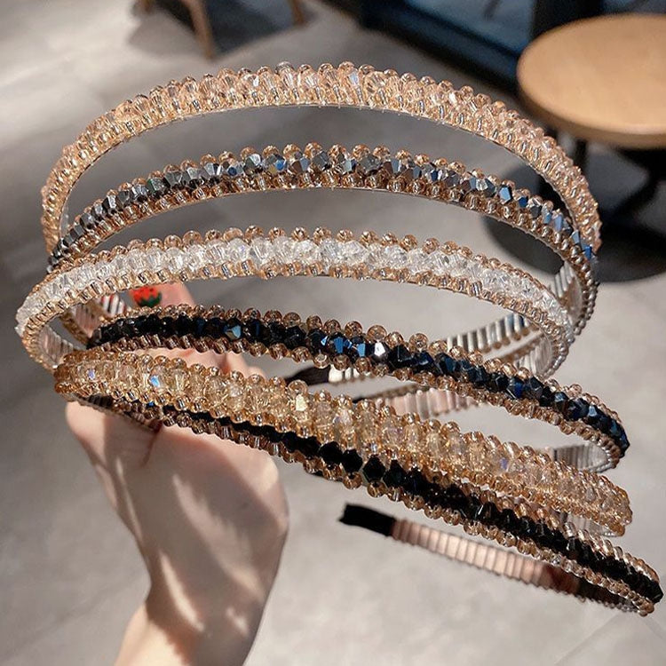 2pcs Gold Trim Crystal Hoops All-match Hair Accessories Headband Non-slip Crystal Headwear