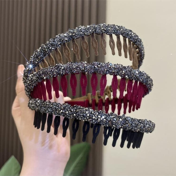 2pcs Acrylic Hair Accessories Flocking Cloth Rhinestone Wave Non-slip Headband with Comb Teeth