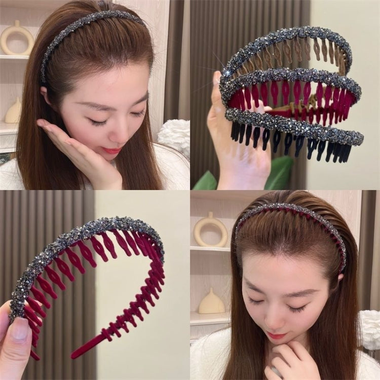 2pcs Acrylic Hair Accessories Flocking Cloth Rhinestone Wave Non-slip Headband with Comb Teeth