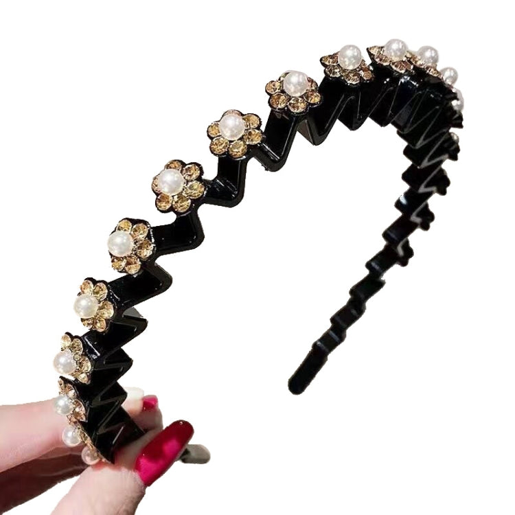 2pcs Pearl Rhinestone Wavy Headband Thin Edge Non-slip Clip Headgear