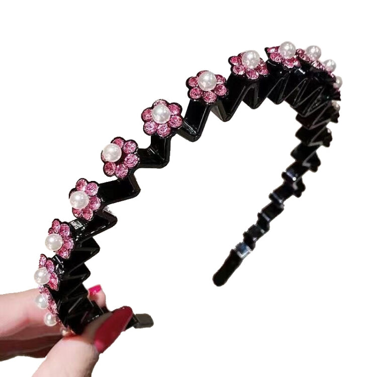2pcs Pearl Rhinestone Wavy Headband Thin Edge Non-slip Clip Headgear