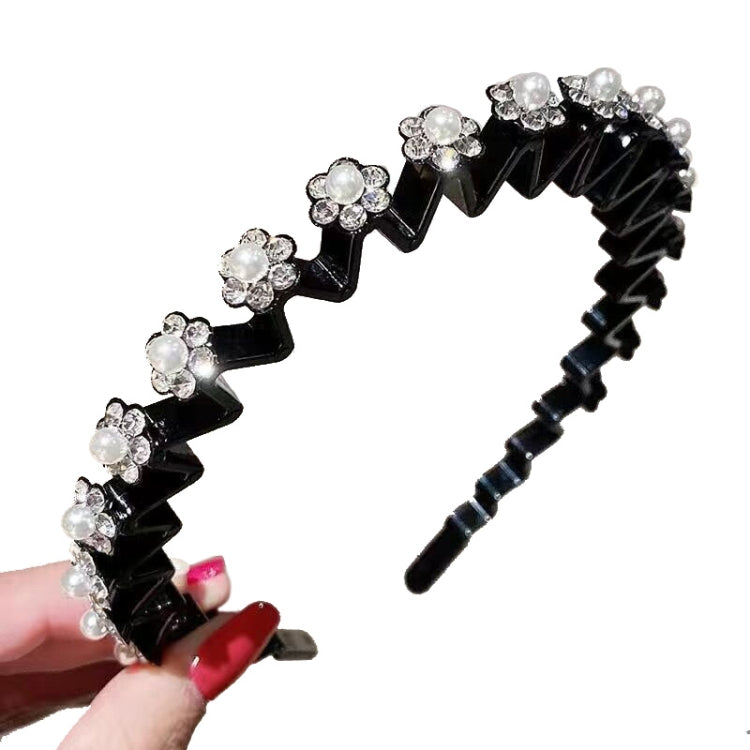 2pcs Pearl Rhinestone Wavy Headband Thin Edge Non-slip Clip Headgear
